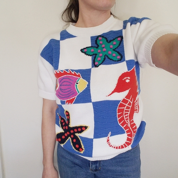 Vintage Fish Beach Sweater Blouse Sz Small Knit 3D Pom Pom Tess Designs Bermuda - Picture 4 of 16
